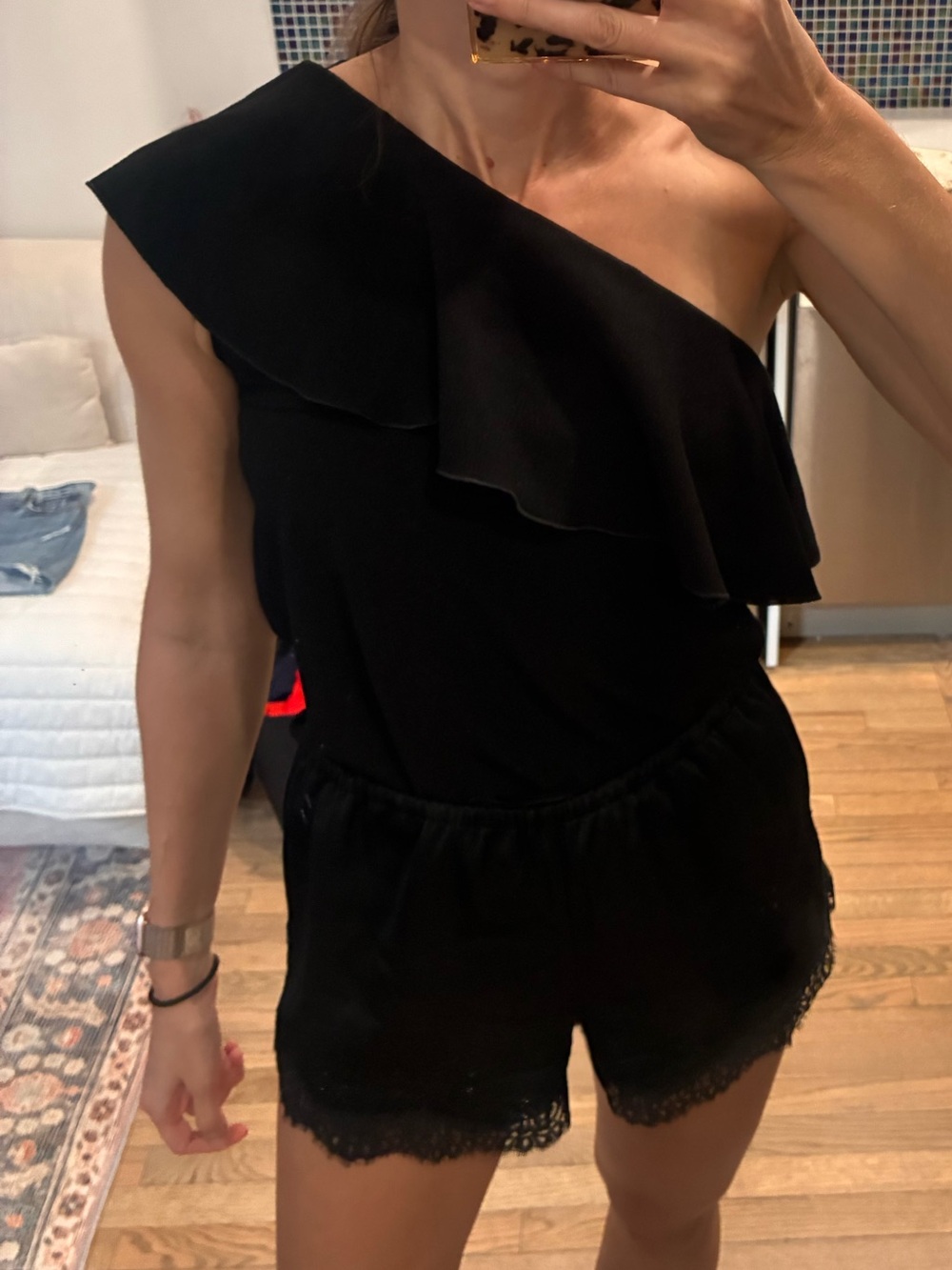 One-Shoulder Black Ruffle Women’s Top